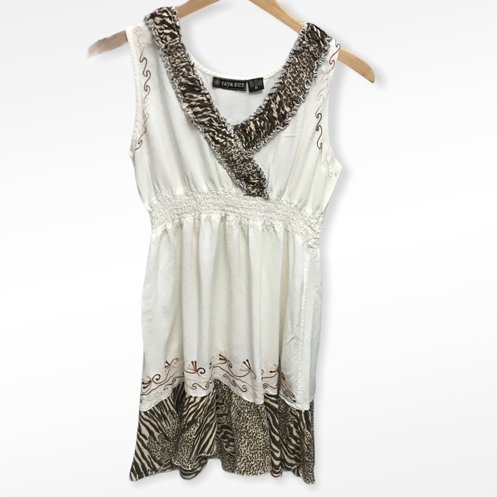 Boho Sundress by Raya Sun Medium Cream White Embroidered Rayon Cotton Dress